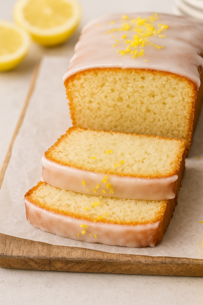 10 Minute Prep: The Best Moist Gluten Free Lemon Cake (Starbucks Copycat) gluten free lemon cake with lemon glaze on top, sliced on a wooden board