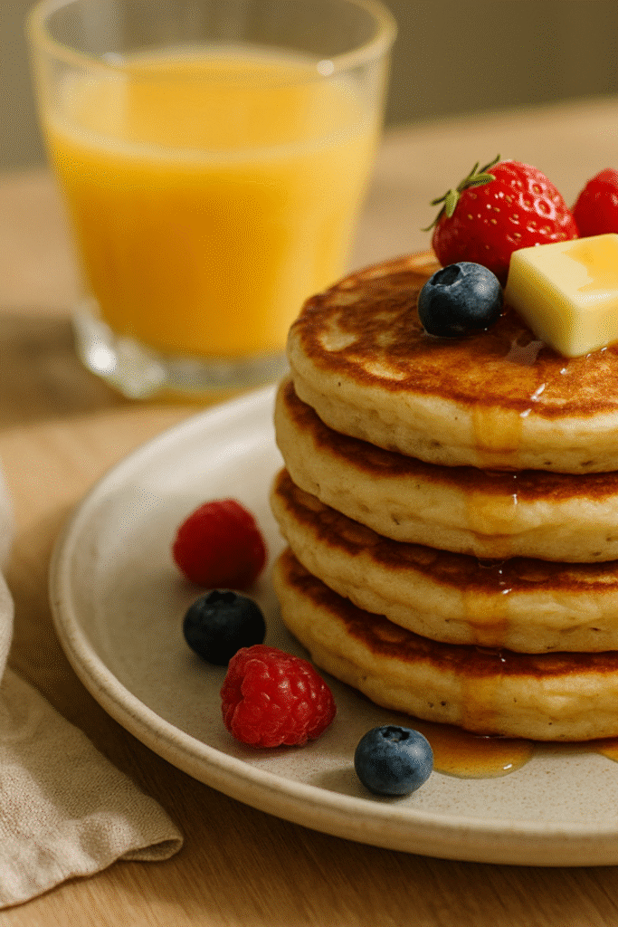 fluffy gluten free pancake recipe with maple syrup and berries