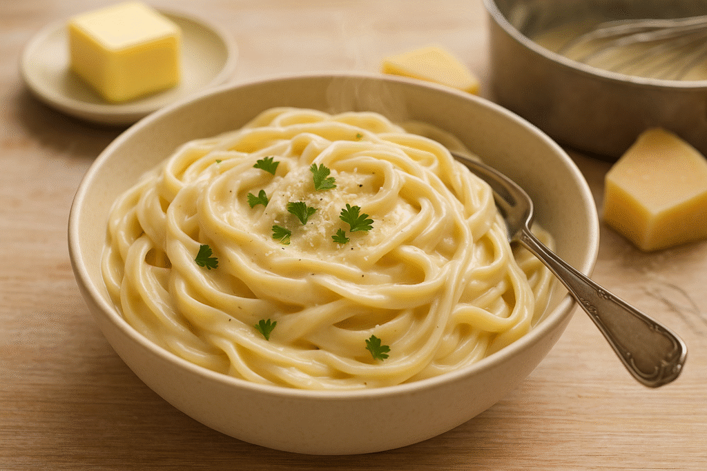 Creamy gluten free Alfredo sauce over fettuccine pasta in a bowl, topped with Parmesan and parsley