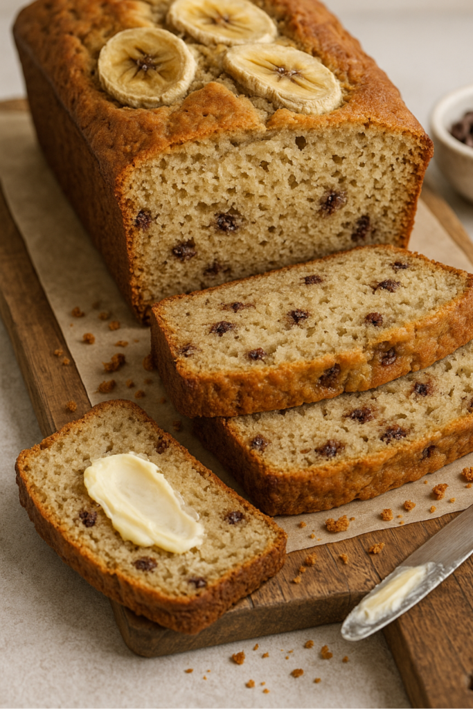 Moist gluten free banana bread loaf topped with banana slices, sliced on a wooden board with chocolate chips on the side.