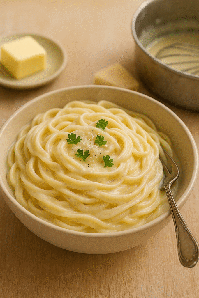 A bowl of creamy gluten-free Alfredo sauce over pasta, garnished with fresh parsley and served in a white bowl.