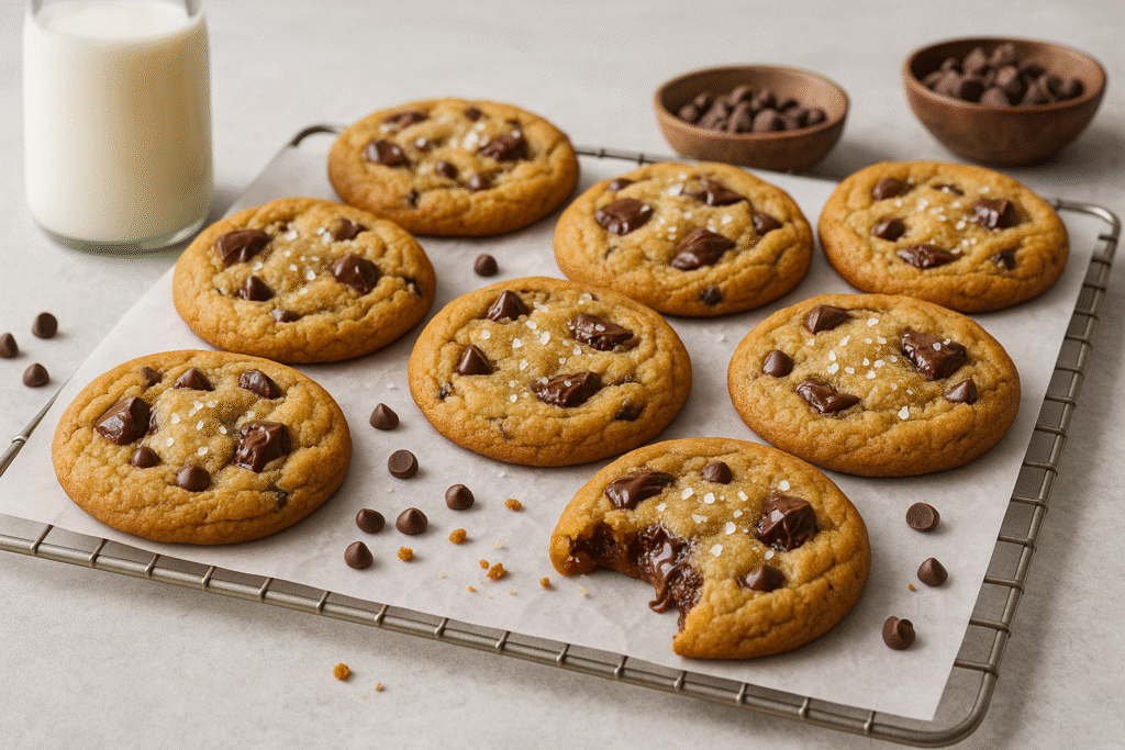 Soft and chewy gluten free chocolate chip cookies on a baking tray with milk and extra chocolate chips
