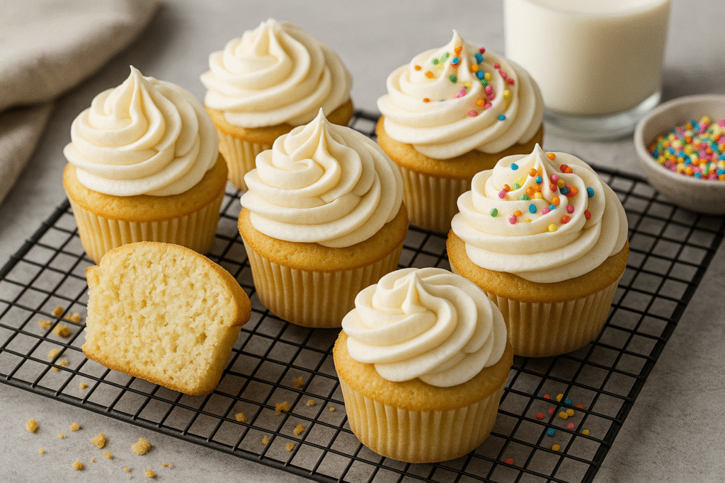 Fluffy gluten free vanilla cupcakes with frosting and sprinkles on a cooling rack