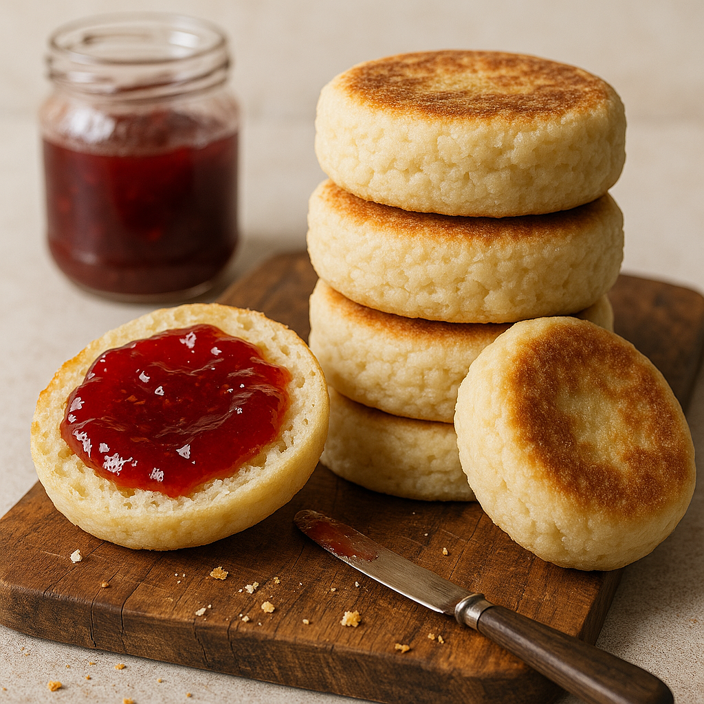 Gluten Free English Muffins (Soft, Fluffy & Homemade!) Stack of homemade gluten free English muffins with jam on a wooden board soft, fluffy, and golden brown.