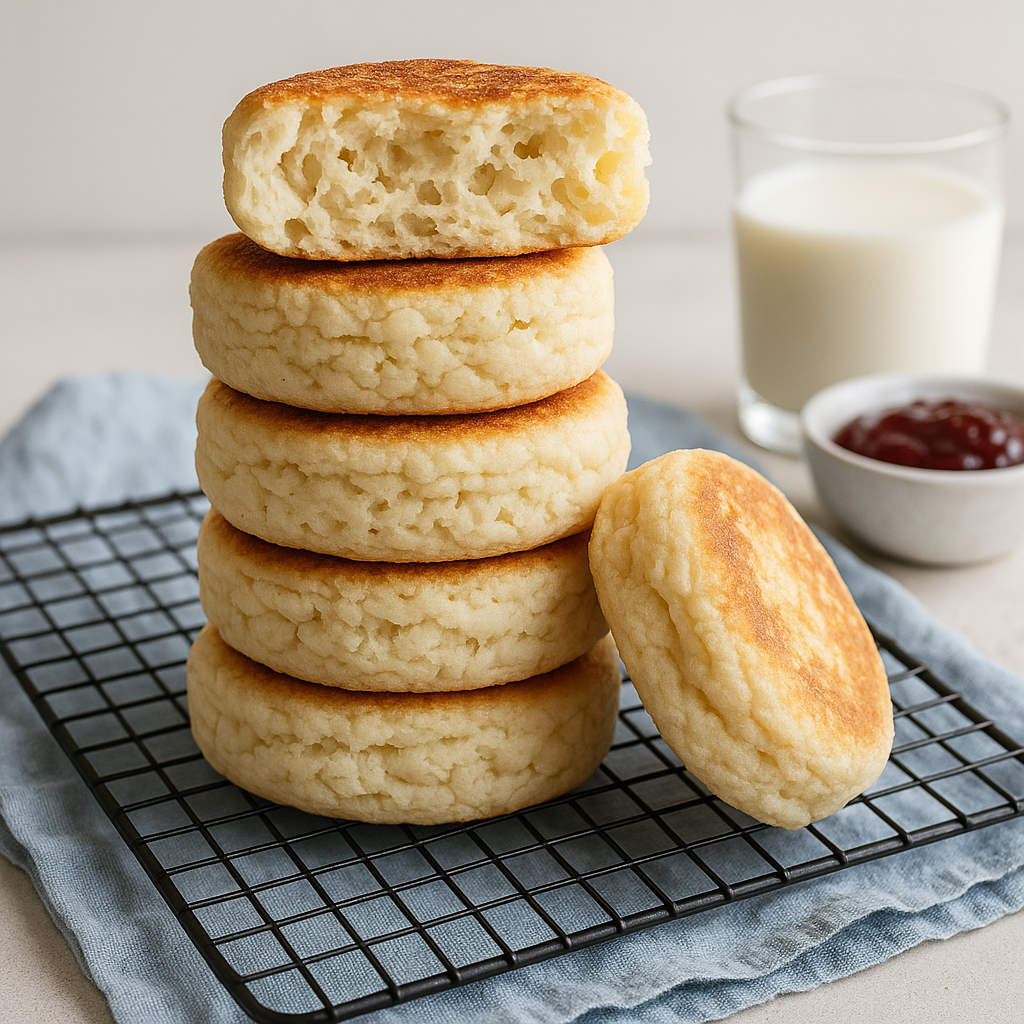 Gluten Free English Muffins (Soft, Fluffy & Homemade!) soft and fluffy gluten free english muffins stacked on a cooling rack