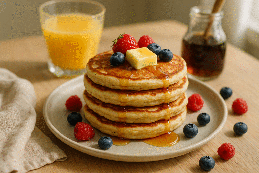 Stack of fluffy gluten free pancakes topped with fresh berries and syrup on a breakfast table