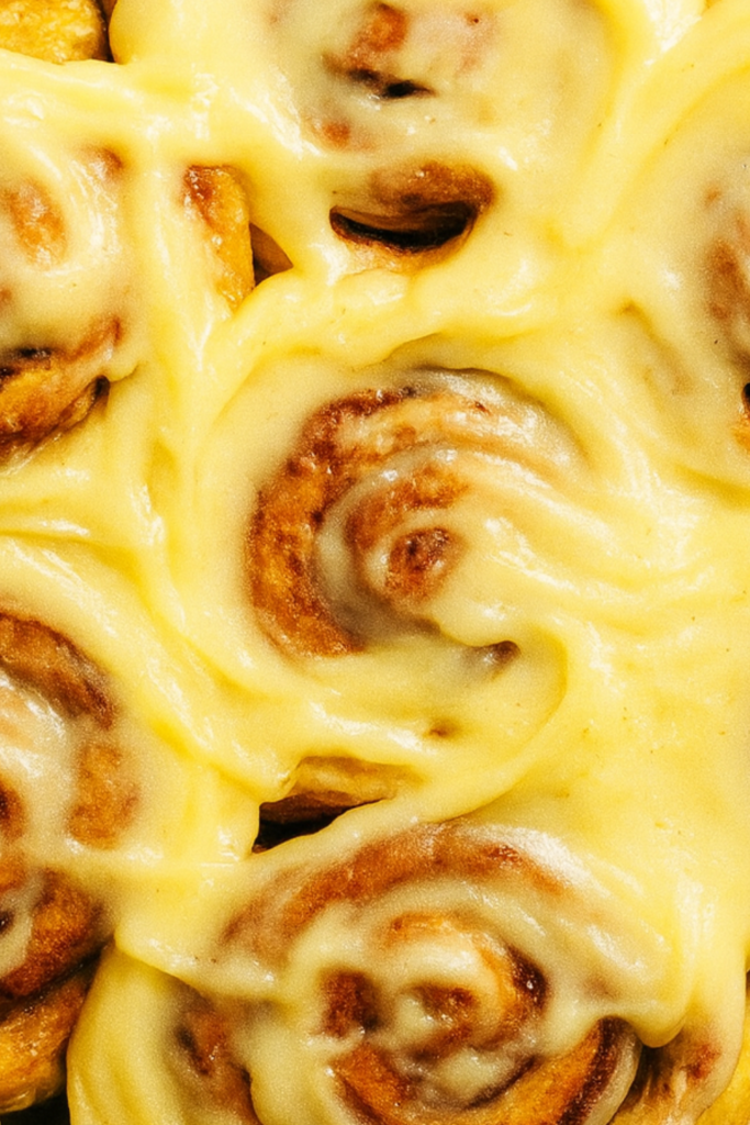 gluten free cinnamon rolls with vanilla icing in a skillet