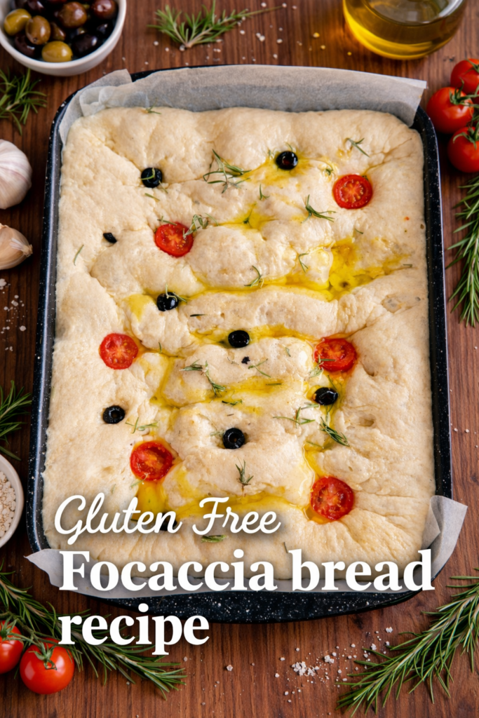 Gluten free focaccia bread baked in a pan, soft and airy with olive oil and herbs
