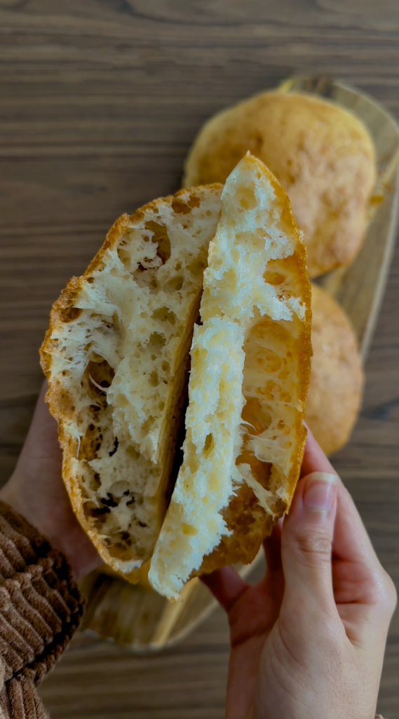 Soft gluten free bread crumb showing airy interior after baking