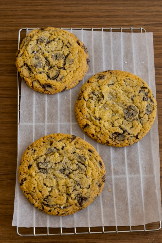 Soft and chewy gluten-free chocolate chip cookies on a cooling rack
