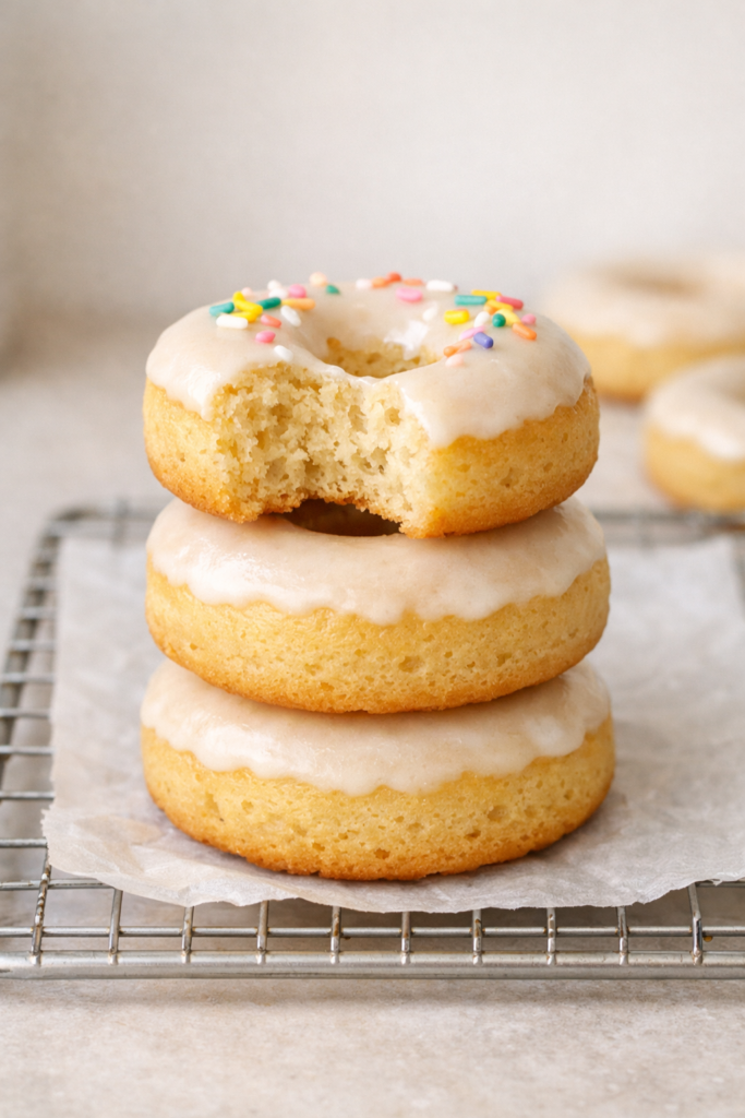 Gluten free baked donuts with vanilla glaze and rainbow sprinkles on a cooling rack

