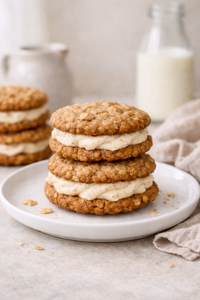 Gluten Free Eggnog Oatmeal Cream Pies stacked on a ceramic plate with milk in background