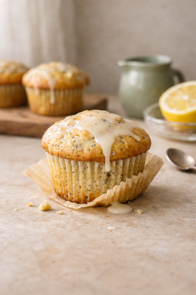 Gluten free lemon poppy seed muffins with lemon glaze on a neutral background