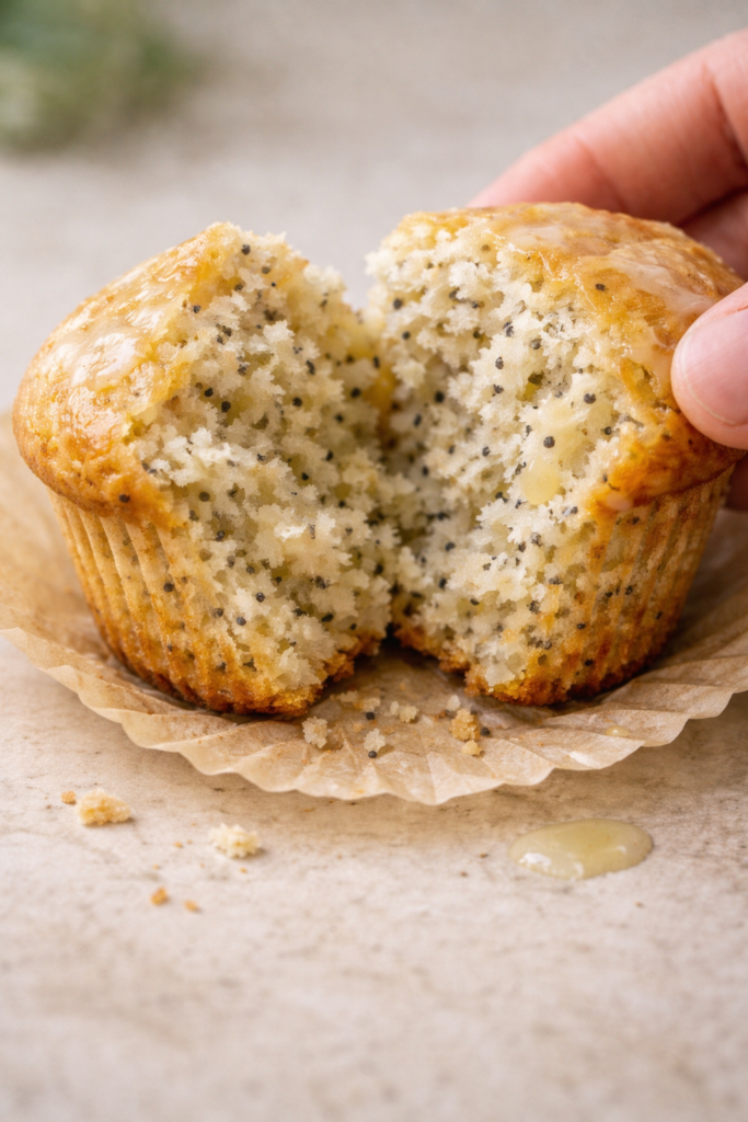Gluten free lemon poppy seed muffin broken open showing soft fluffy texture